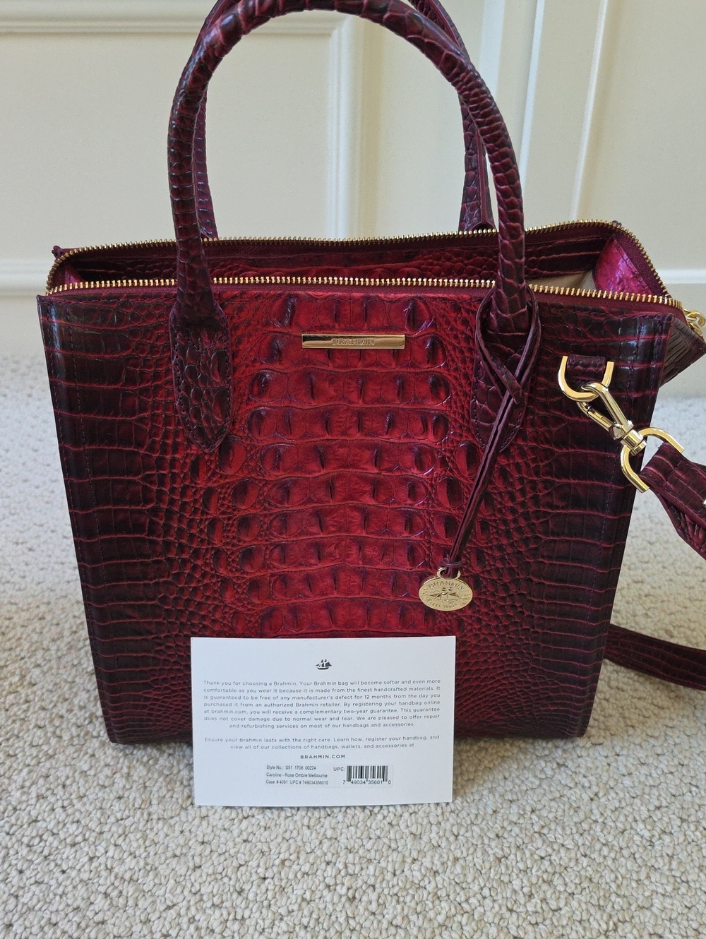 Brahmin Croc-Embossed Satchel in Burgundy Red with Gold Hardware